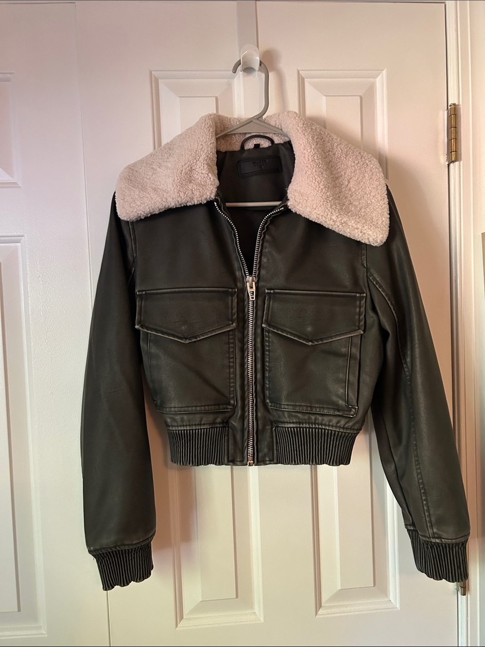 BlankNYC Cropped Black Bomber Jacket with Cream Sherpa Collar